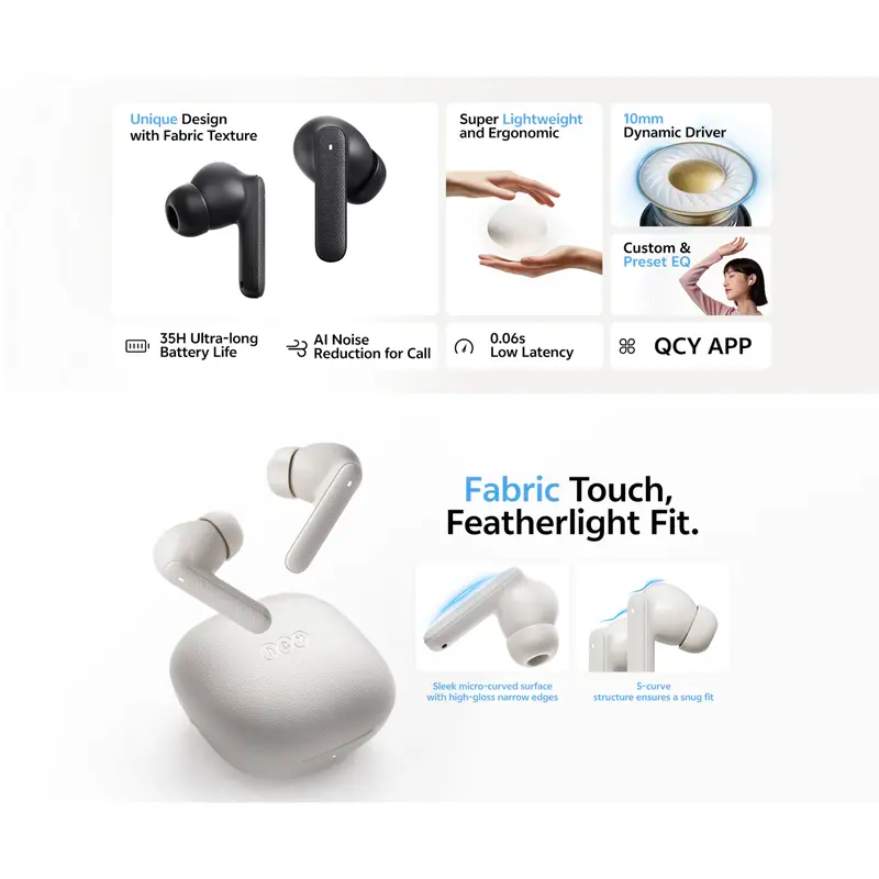 Tai Nghe Không Dây TWS QCY Buds (Bluetooth v5.3, 7H, IPX4, Al Noise Reduction for Call, 10mm Dynamic Driver, 0.06s Low Latency, 9 Tuned Preset EQs) - Ảnh 4