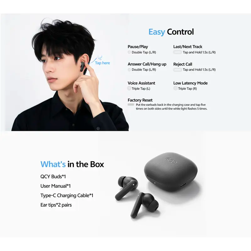 Tai Nghe Không Dây TWS QCY Buds (Bluetooth v5.3, 7H, IPX4, Al Noise Reduction for Call, 10mm Dynamic Driver, 0.06s Low Latency, 9 Tuned Preset EQs) - Ảnh 5